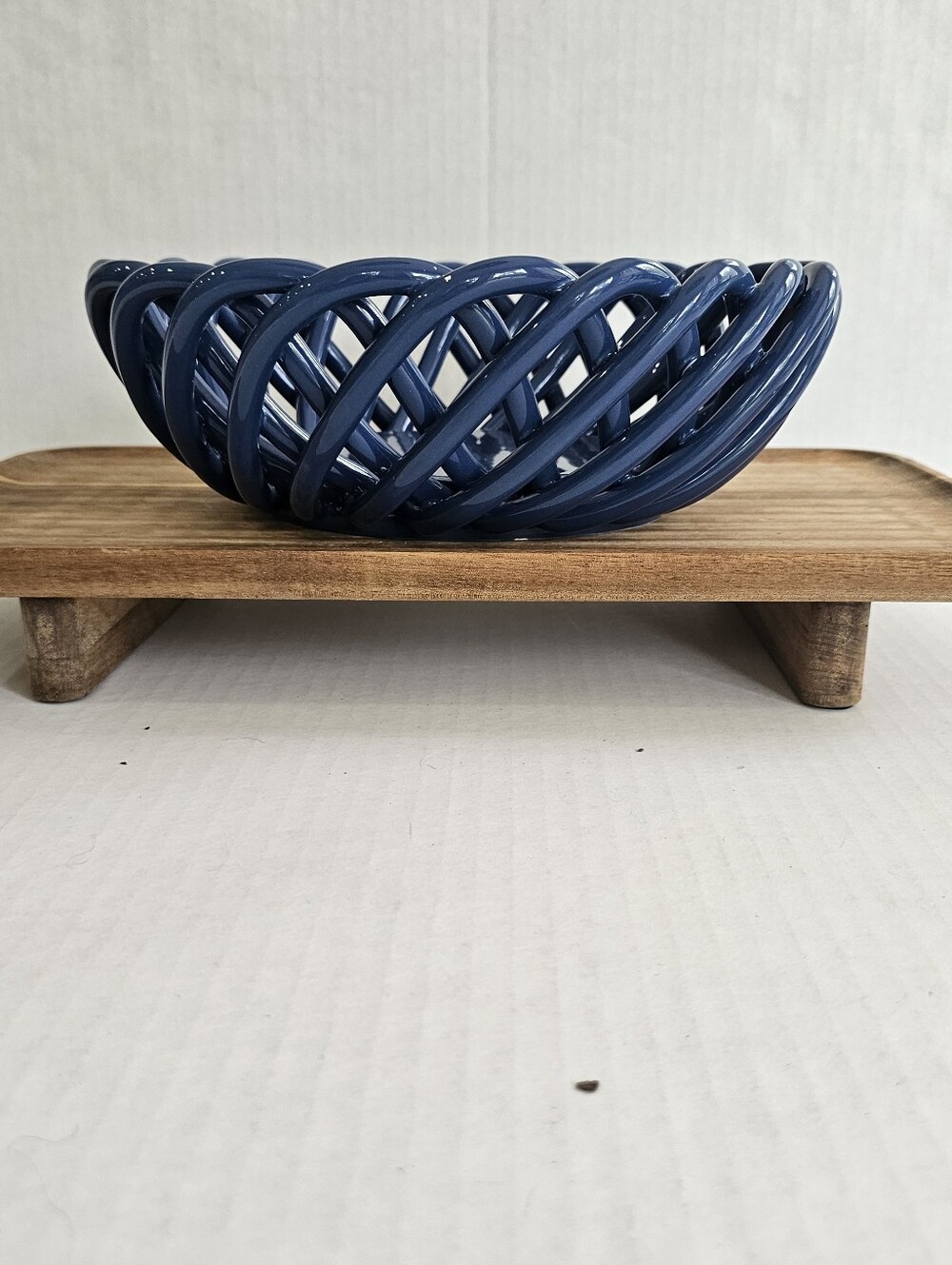 Lillian Vernon Navy Blue Lattice Bowl Ceramic Woven Oval Decorative